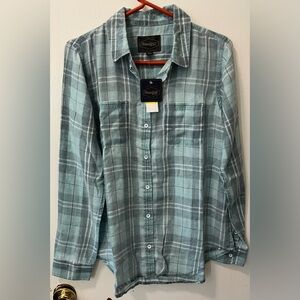 Threadgrit Women’s Teal Plaid Casual Button Up Shirt Long Sleeves Size Medium M